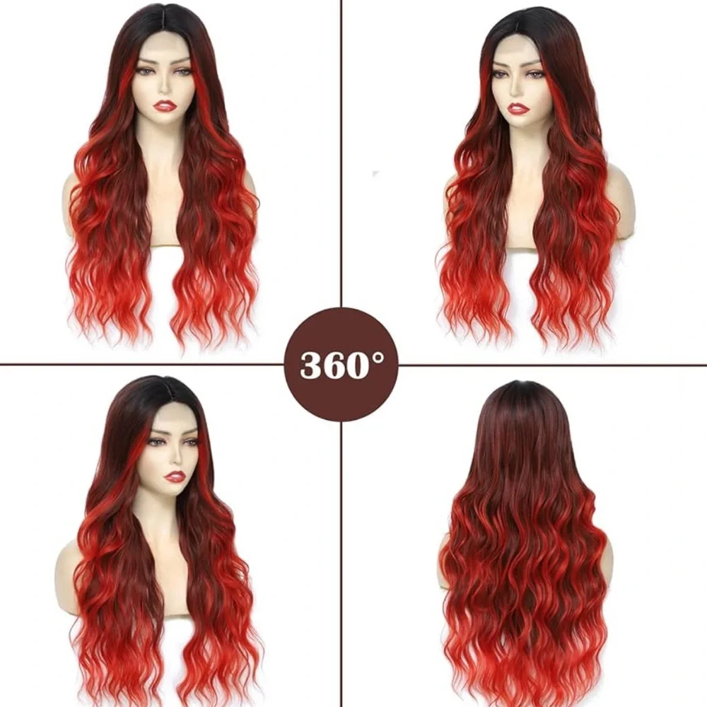 Long Red Wavy Wig 26 Inch Ombre Red Middle Part Curly Synthetic Hair Wig